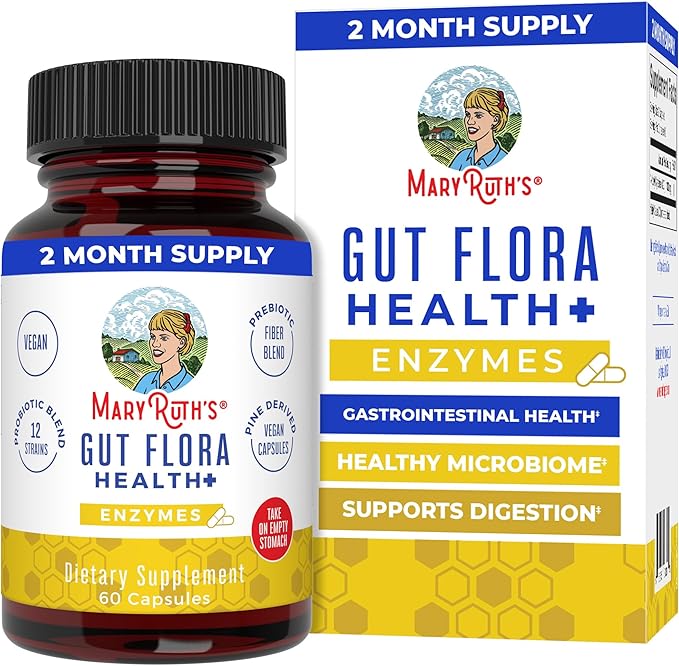 MaryRuth’s Gut Flora Health+ Enzymes | Prebiotic &amp Probiotic Digestive Enzymes for Healthy Gut Biome &amp Digestive Support | Gastrointestinal Health | CLP Certified | 60 Capsules | Up to 2 Month