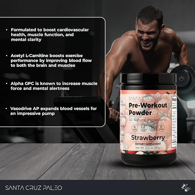 Santa Cruz Paleo Pre Workout Powder Electrolytes Magnesium Potassium Sea Salt &amp L Citrulline Caffeine &amp Sugar Free Preworkout Drink Mix for Energy &amp Hydration Strawberry Flavor 30 Se