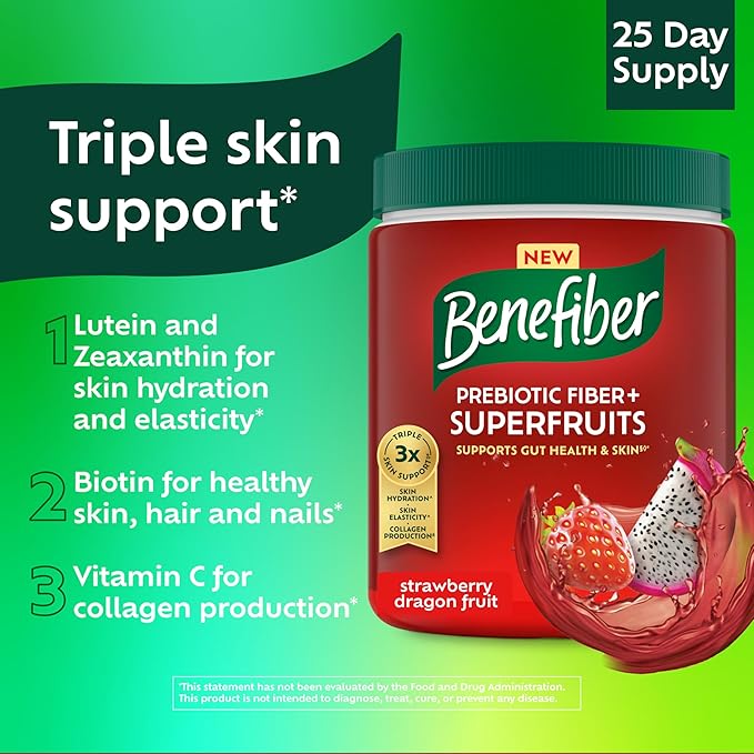 Benefiber Prebiotic GLP-1 Friendly Fiber + Superfruits Dietary Supplement Strawberry Dragon Fruit Flavor 8.8 oz (250g)