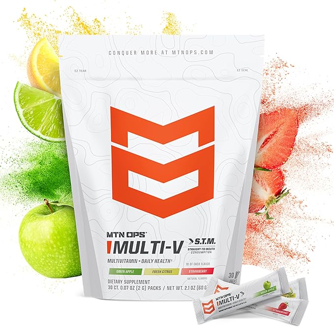 MTN OPS Multi‑V STM On‑the‑Go Daily Multivitamin for Men Women &amp Kids – Straight‑to‑Mouth Vitamin C D3 B Zinc Packs – Gluten Free Natural Flavors 30 Servings
