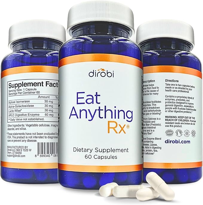 Dirobi Eat Anything Xylose Isomerase Fructose Malabsorption Enzymes FODMAP Supplement Digestive Enzymes for Better Lactose Fat Protein &amp Carbohydrate Digestion Gas &amp Bloating Relief 60 Cap