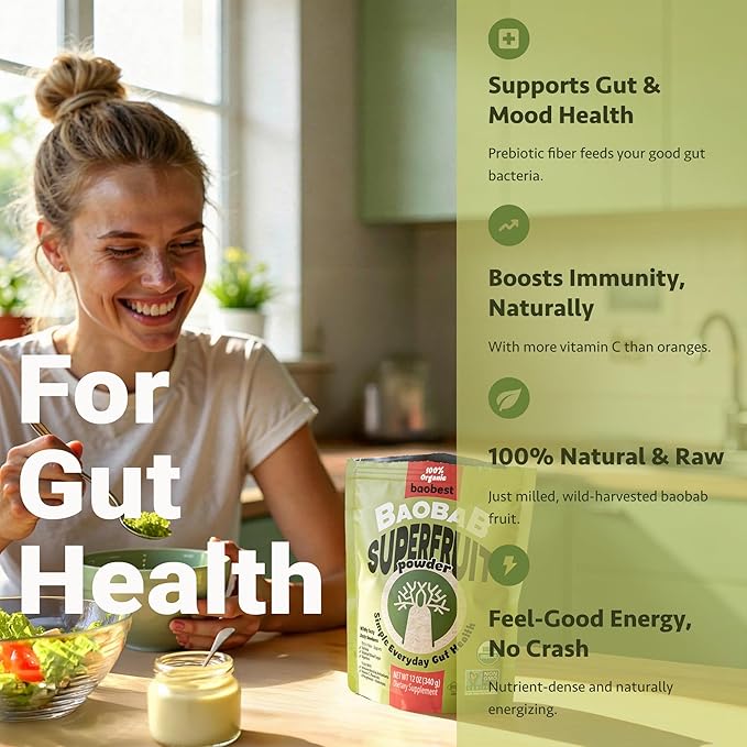 Baobest Organic Baobab Fruit Powder Raw Superfood with Vitamin C and Prebiotic Fiber for Immune Support and Gut Health Gluten-Free GLP-1 Support - 12 Ounce Bag