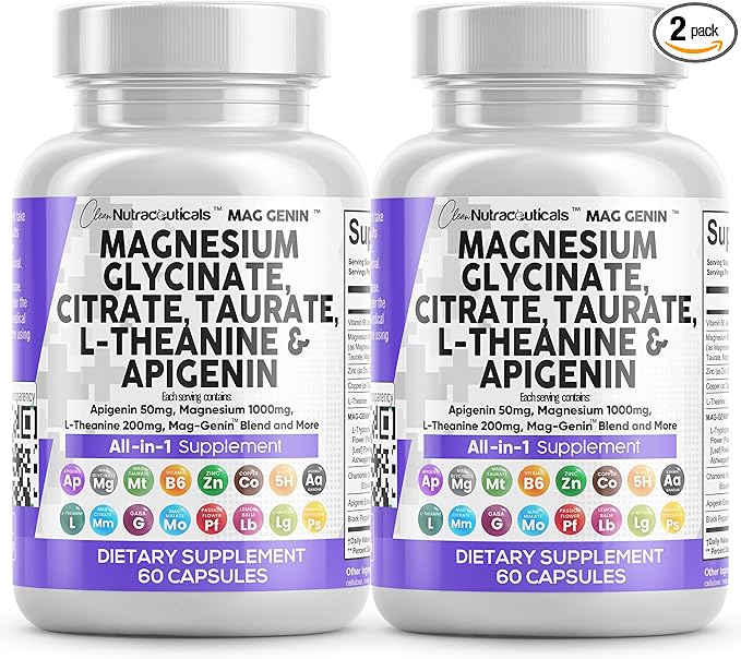 Clean Nutraceuticals Magnesium Glycinate Complex 1000mg with L-Theanine 200mg Apigenin 50mg Citrate Taurate Supplement (60 Count (Pack of 2))