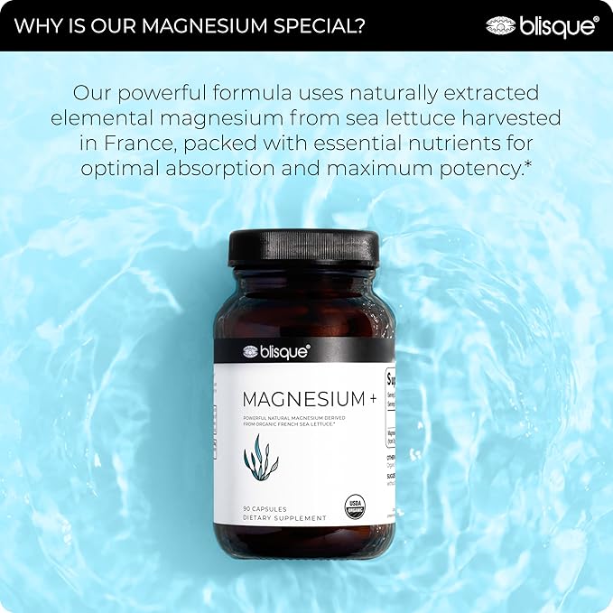 Blisque - Magnesium Support Supplement | for Bone Joint Muscle Heart and Nerve Health | from Organic French Sea Lettuce | Vegan and Non-GMO | 90 Capsules