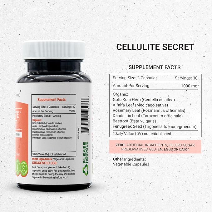 Secrets of the Tribe Cellulite Secret 60 Capsules 1000 mg Gotu Kola Alfalfa Rosemary Dandelion Beet Root Fenugreek Metabolism/Circulation (60 Capsules)