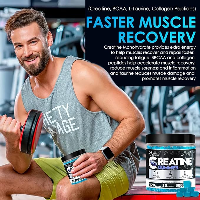 Creatine Monohydrate Gummies 5g for Men &amp Women 120 Count Blueberry Chewables Creatine Monohydrate for Muscle Strength Muscle Builder Energy Boost Pre-Workout Supplement