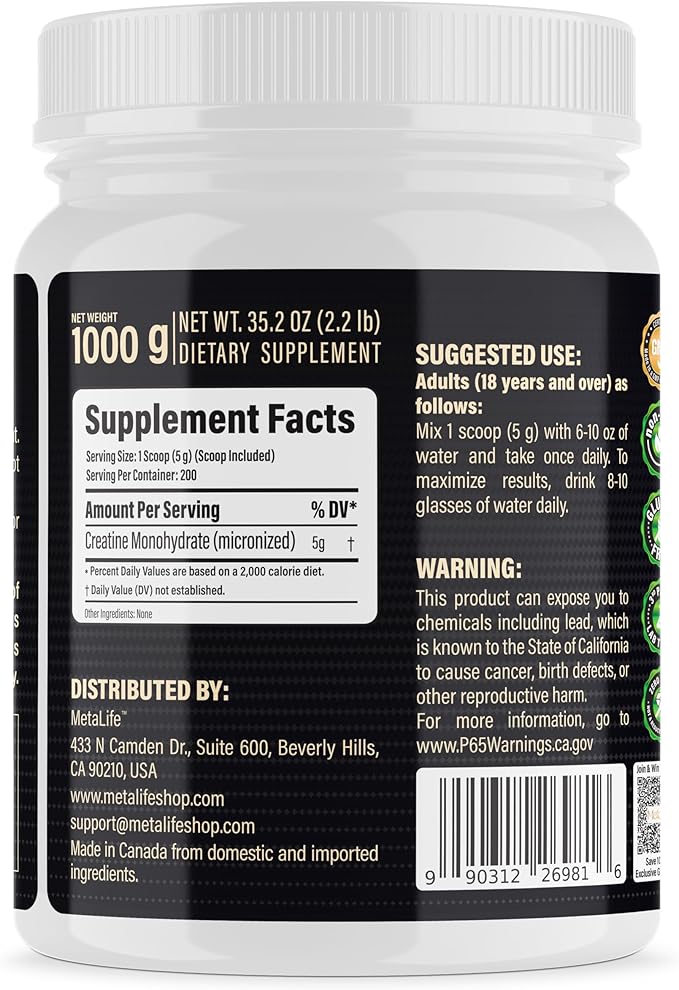 100% Pure Creatine Monohydrate Powder Canada-Made 1000 g (200 Servings) Micronized Powder Muscle Growth Unflavored Ideal for Athletes &amp Fitness Enthusiasts Third party lab tested Vegan