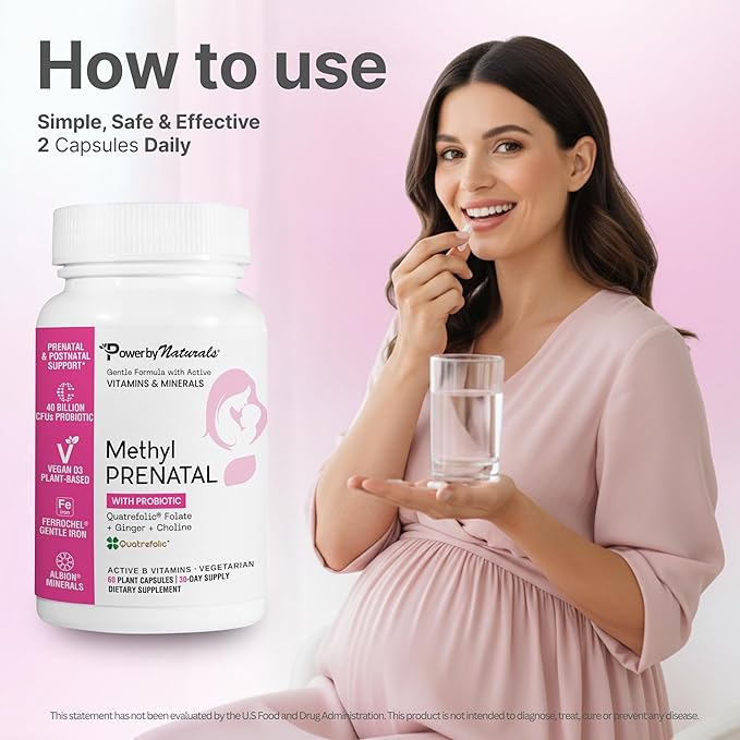 Power By Naturals Methyl Prenatal with Probiotics – Prenatal Vitamins for Women with Iron Methyl Folate B12 &amp 28 Nutrients &amp Botanicals – Vegan Non-GMO Gluten-Free – 60 Capsules (1-Month S