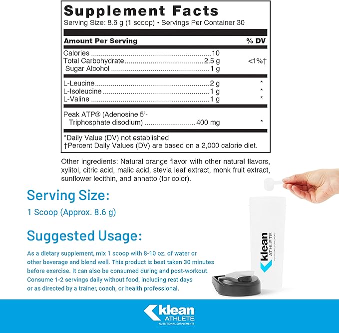 Klean Athlete Klean BCAA + Peak ATP | Amino Acid Supplement for Muscle Building Workout Recovery and Lean Muscle | 9.1 Ounces | Natural Orange Flavor