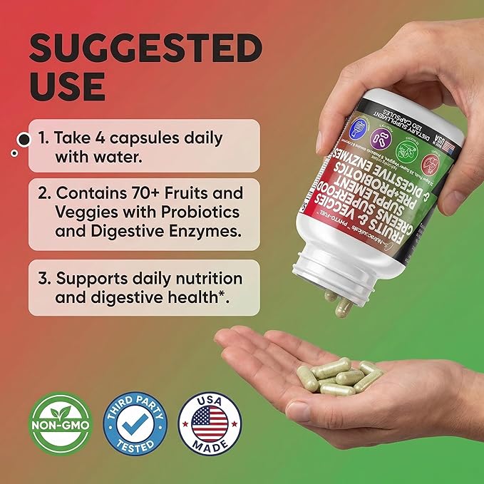 Clean Nutraceuticals Fruits and Veggies Supplement Reds &amp Green Superfood - Balance of Over 70 Fruit &amp Vegetable Supplements Capsules with Probiotics Prebiotics Digestive Enzymes - 120 Ct USA