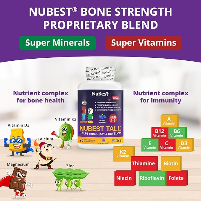 NuBest Tall Kids - Toddlers Vitamins and Kids Vitamins for Age 2 to 9 - Support Bone Strength Overall Health and Immunity - Animal Shapes - 180 Chewable Berry Tablets | Pack 2