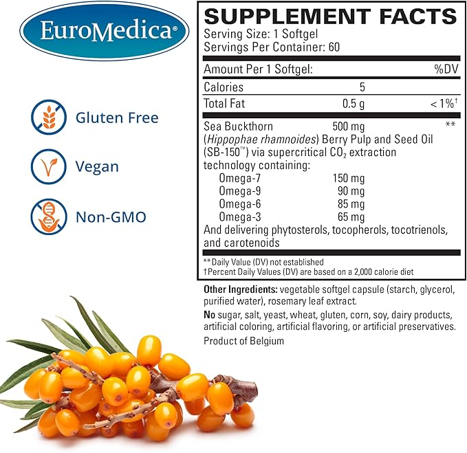 EuroMedica ProHydra-7 - Skin Health Support Supplement with Omega-7 Sea Buckthorn Oil - Nutritional Supplement - Essential Fatty Acid Supplement - 60 Softgels