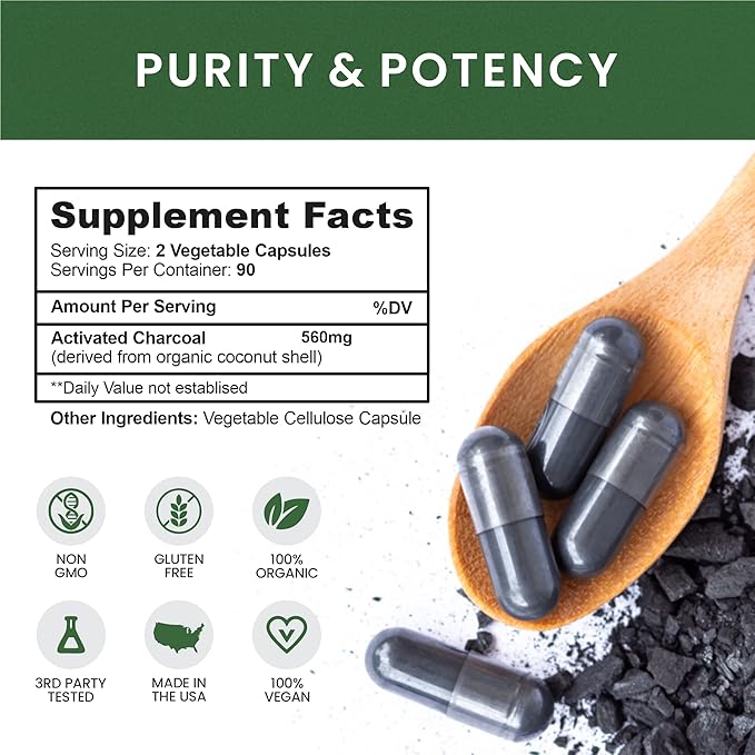 Coconut Activated Charcoal Capsules 180 Charcoal Capsules Teeth Whitening Helps Constipation Bloating Stomach Gas Heartburn Pure Coconut Derived Supplement (3)
