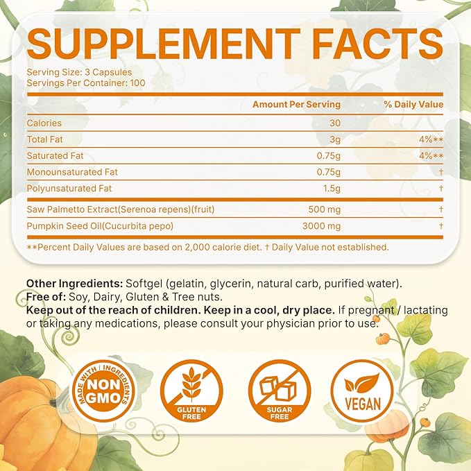 Pumpkin Seed Oil with Saw Palmetto - Cold-Pressed Softgels for Hair Growth &amp Prostate Support - Organic Supplement for Men &amp Women Non-GMO 300 Softgels