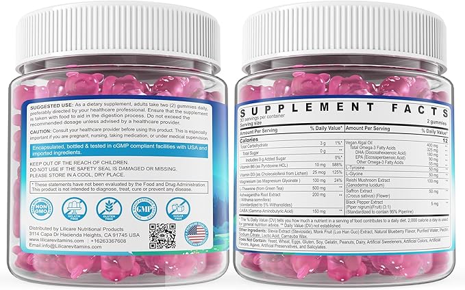 Liposomal L-Theanine Gummies 500mg Melatonin-Free Calm &amp Relaxation Gummies with Magnesium Glycinate 5-HTP Mushroom Vitamins D3 B12 Ashwagandha for Brain Calm Relax Mood Zzz Vegan 60 Ct