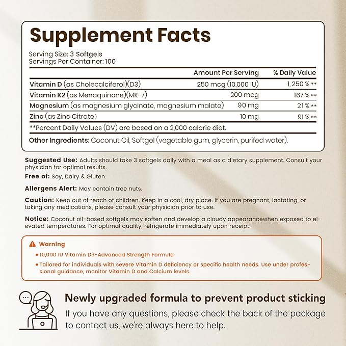 VEV Vitamin D3 K2 10000 IU Magnesium Supplement – with Vitamin D and K (MK-7) Magnesium Glycinate &amp Malate Zinc Citrate – 300 Softgels for Energy Bone &amp Muscle Support