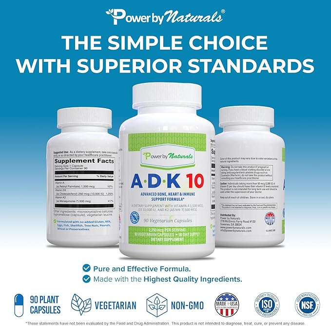 Power By Naturals ADK 10 Vitamin Supplement – Vitamins A D3 &amp K2 MK-7 for Bone Heart &amp Immune Health – Gluten-Free Soy-Free – 90 Capsules (3-Month Supply)