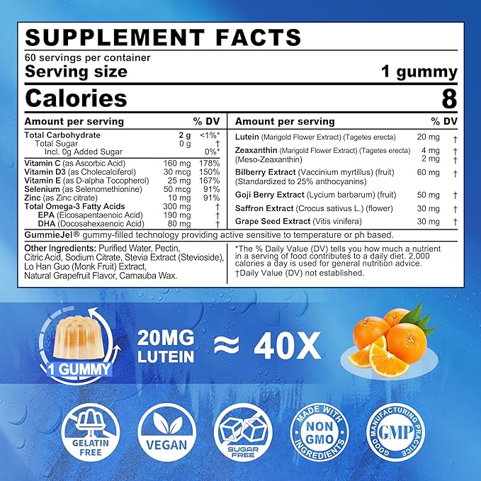 Lutein 20mg 40mg and Zeaxanthin Supplements for Eyes Lutein Gummies with Omega 3 Saffron Zinc Bilberry &amp Goji Berry for Vision Support - Eye Vitamins Gummies for Seniors - Vegan Sugar Free 6