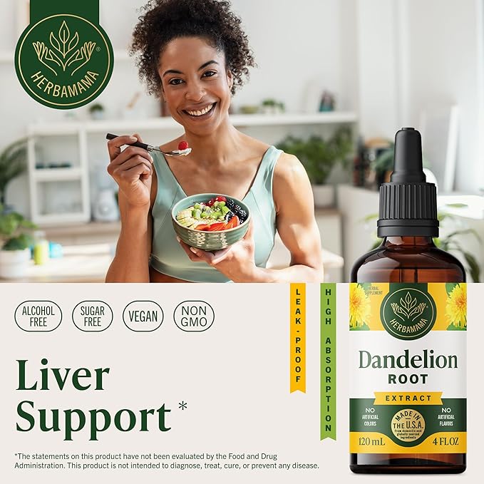 HERBAMAMA Dandelion Root Extract for Liver Cleanse – Lymphatic Drainage Drops – Dandelion Root Supplement – Non-GMO Alcohol &amp Sugar-Free Liver Support Supplement - 56-Day Supply