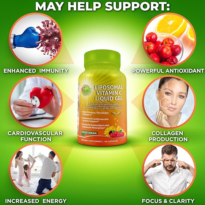 Liposomal Vitamin C Liquid Gel Capsules - 1100mg - Made with Organic Acerola Cherries High Potency Vitamin C Liposomal Immune Support Supplement with Enhanced Absorption &amp Bioavailability - 120 c