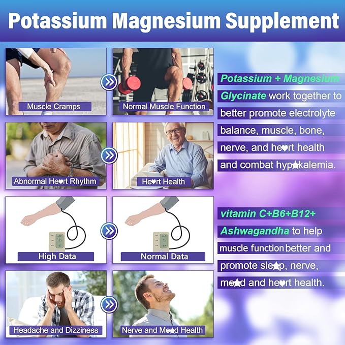 Potassium Magnesium Gummies - Potassium Supplement w/Ashwagandha 200mg Magnesium GlycinateB6B12P-otassium Citrate for Leg CrampsMuscleElectroyte for Adults KidsSugar-Free1Pack
