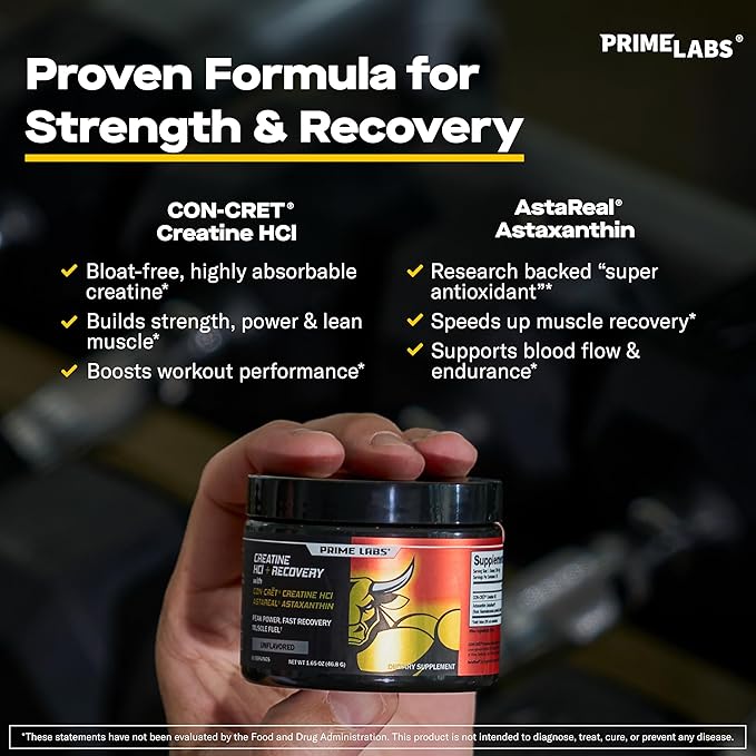 Prime Labs Creatine HCl Powder with AstaReal Astaxanthin 6mg - Supports Muscle Recovery &amp Brain Health - Con-Cret Creatine HCl (7X More Concentrated Than Monohydrate) - 60 Servings