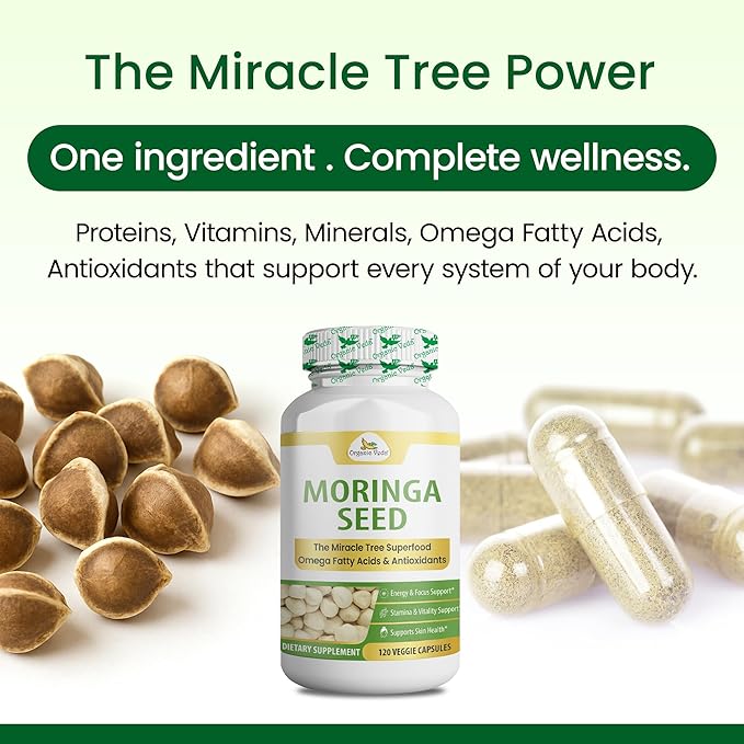 Organic Veda Moringa Seed Capsules - Omega 3 6 9 Antioxidants Vitamins Amino Protein Rich Organic Moringa Capsule - The Miracle Tree Vitality Energy &amp Focus Supplement for Men &amp Women 1