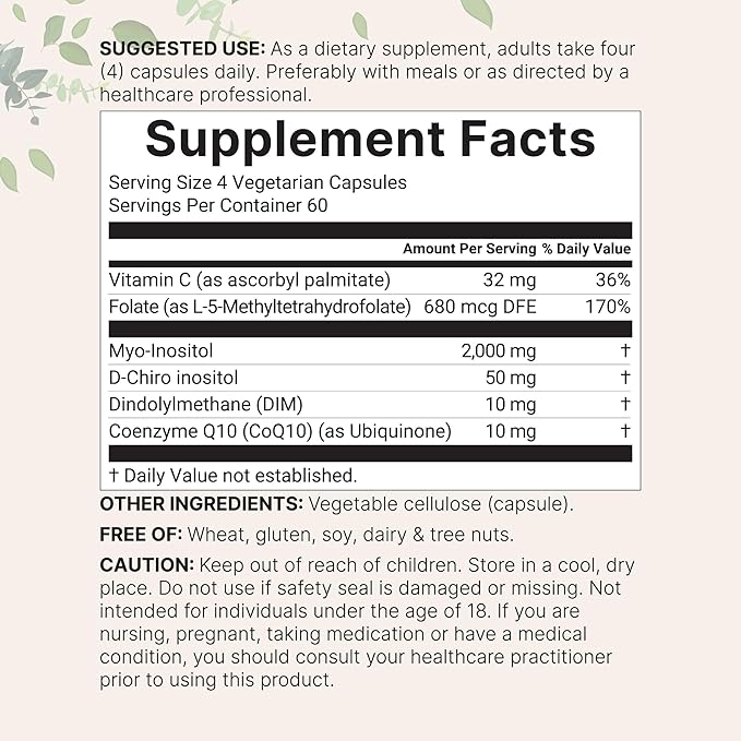 Myo-Inositol &amp D-Chiro Inositol 2050mg | 240 Veggie Capsules + Vitamin C Folate DIM &amp CoQ10 | Inositol Supplement for Women | 40:1 Ratio | Hormonal Balance &amp Ovarian Support | Filler F