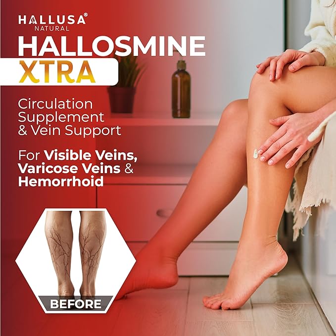 Hallosmine Xtra - Circulation &amp Vein Support Diosmin Horse Chesnut &amp Hesperidin 850mg + FREE Leg Cream | Leg Circulation Varicose Veins Spider Veins Hemorrhoids Blood Flow | 60 capsules