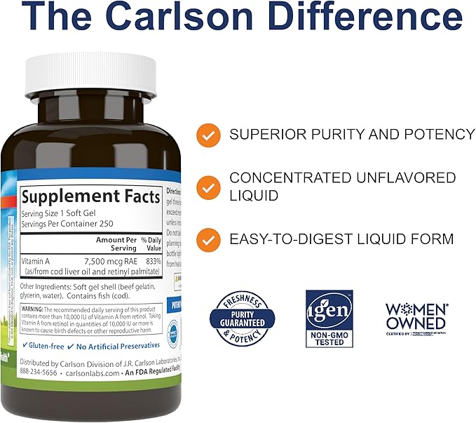 Carlson - Vitamin A 25000 IU (7500 mcg RAE) Immune Support Vision Health Antioxidant Vitamin A Supplements 250 Softgels