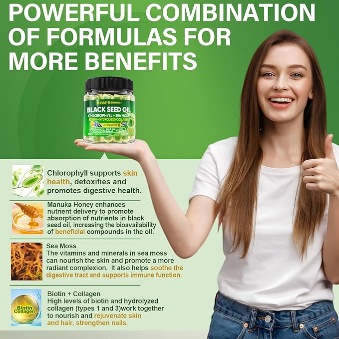 Black Seed Oil Gummies for Adults &amp Kids 9+ Chlorophyll &amp Sea Moss Supplement Biotin with Hydrolyzed Collagen for Skin Hair &amp Nails Vit E C Zinc for Immune Overall Health Organic C