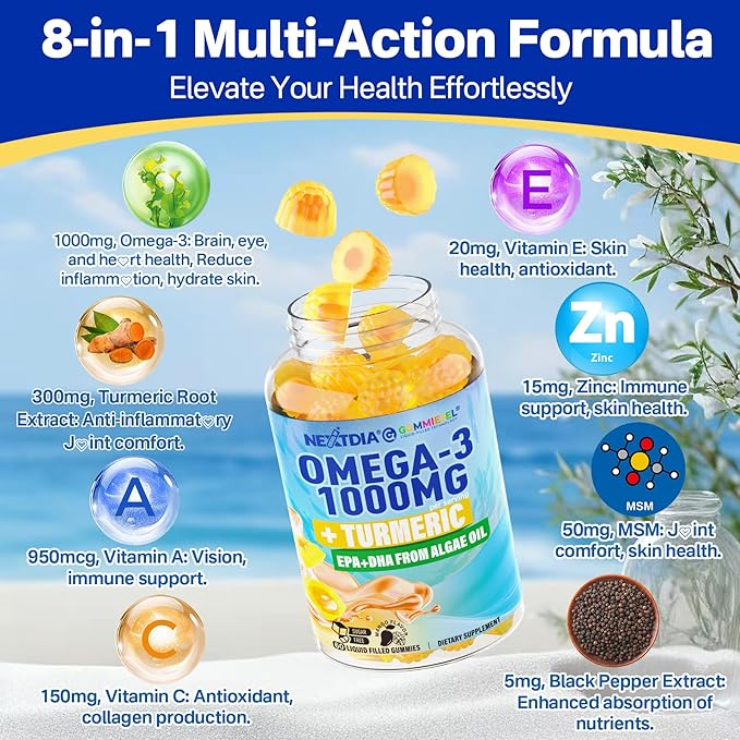 Vegan Omega-3 Gummies 1000mg + Turmeric - Omega 3 Fish Oil Alternative for Adults - Algae DHA 600mg &amp EPA 300mg Vitamins A C E Zinc &amp MSM Sugar Free 120 Cts