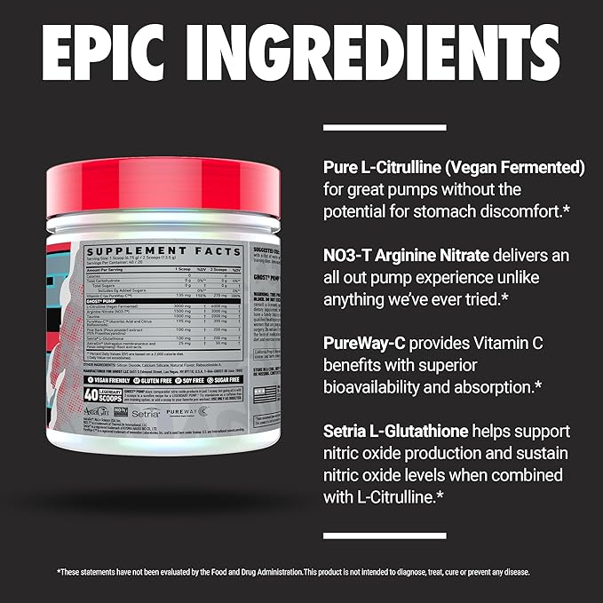 GHOST Pump Nitric Oxide Powder Natty - 40 Servings - Sugar &amp Stim-Free Pre-Workout Supplements - L-Citrulline Arginine Nitrate &amp L-Glutathione - Soy &amp Gluten-Free Vegan