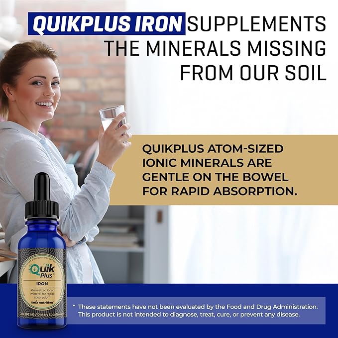 QuikPlus Iron Ionic Liquid Mineral Supplement for Hemoglobin &amp Ferritin – High Absorption Iron Supplement for Adults – Vegan Gluten-Free All Natural – 2 oz Bottle