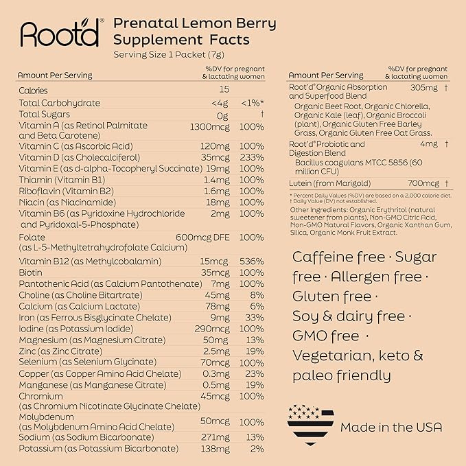 Root'd Prenatal Multivitamin Powder - 25 Vitamins &amp Minerals with 3x Electrolytes Folate Iron D3 for Mom &amp Baby 7 Superfood &amp Probiotics Sugar-Free Vitamins &amp Hydration | 30 Vitam