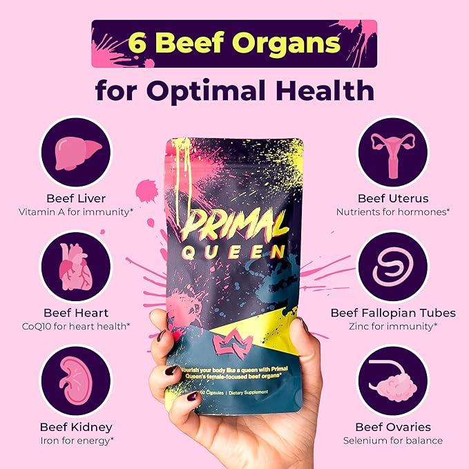 Primal Queen Female-Optimized Beef Organ Superfood Supplement (Beef Liver Kidney Heart &amp 3 More) - 100% Grass Fed Pasture Raised Cattle - Balance Hormones Energy &amp More for Women (Pack o