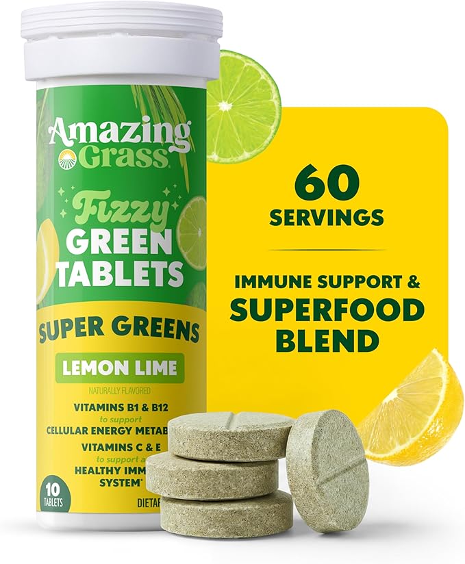 Amazing Grass Effervescent Tablets: Green Superfood Water Flavoring Tablet with Antioxidants &amp Alkalizing Greens Lemon Lime 60 Count