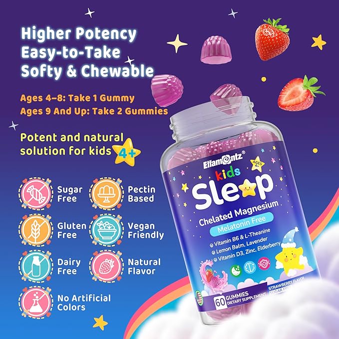 Kids Sleep Gummies NO Melatonin Sleep Aid Gummies w/ Magnesium Glycinate Magnesium Malate L-Theanine Lavender B6 Zinc D3K2 for Restful Sleep Relax Brain &amp Muscle Immune Support Non-GMO 1