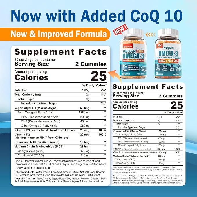 Vegan Omega-3 Gummies 1280mg + COQ10+ Vitamin D3 K2 (MK7) Omega 3 Fish Oil Alternative for Adults w/EPA 600mg &amp DHA 400mg &amp MCT Oil No Fish Taste from Marine Algae for Brain Eye Immunity