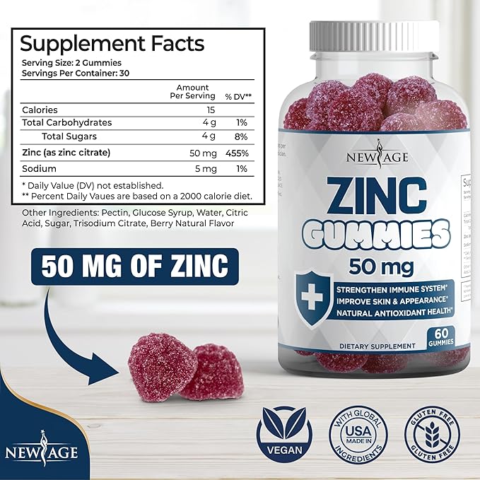 NEW AGE Immune Defense Combo - 2 Pack - Vitamin D3 Gummies 5000 IU 125mcg &amp High Potency Zinc Gummies Immune Booster 120 Count