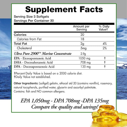 (Pack of 3) Natural Wild Omega 3 Fish Oil DPA Supplement 2900 Milligrams Triple Strength Ultra Pure Concentrated EPA-DPA-DHA SoftGels with no Fish-Tasting Burps