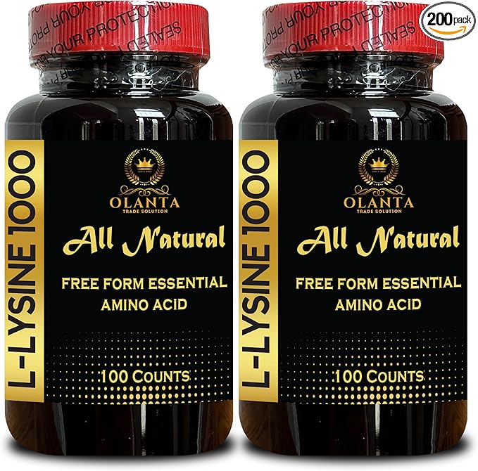 L-LYSINE 1000 mg Free Form Amino Acid Essential - Lysine for Adults Vitamins Tissue Health Lip &amp Skin Health Supplement Immune System Amino Acid Free Form - 2 Bottles 200 Counts