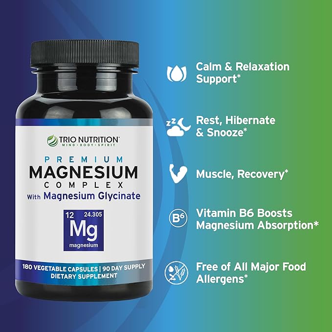 Trio Nutrition Magnesium Complex 90 Day Supply 420 mg | Natural Calm Relax Stress Relief and Muscle Recovery |Magnesium Glycinate Supplement with Vitamin B6 for Rapid Absorption*
