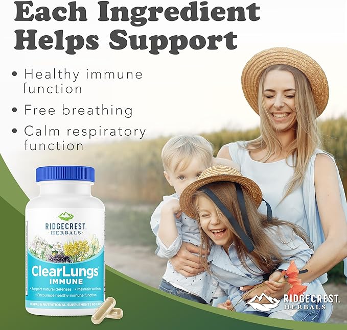 RidgeCrest Herbals ClearLungs Immune Lung Support Supplement with Elderberry Zinc Vitamin C Vitamin A Olive Leaf Mullein Lung Wellness Formula for Respiratory Health (60 Vegan Caps 30 Serv)