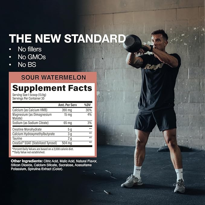 RAW Creatine Plus Creatine HMB Powder for Men &amp Women - Creatine Monohydrate Powder with HMB Taurine &amp No Added Sugar - Muscle Mass Growth Strength Building &amp Enhanced Energy - Sour Wat