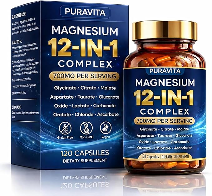 Puravita 12 in 1 Magnesium Complex Capsules - 700mg High Absorption Blend with Glycinate Citrate Malate Oxide &amp Taurate. Supports Muscle Function Nerve Health &amp Relaxation - 120 Capsules (