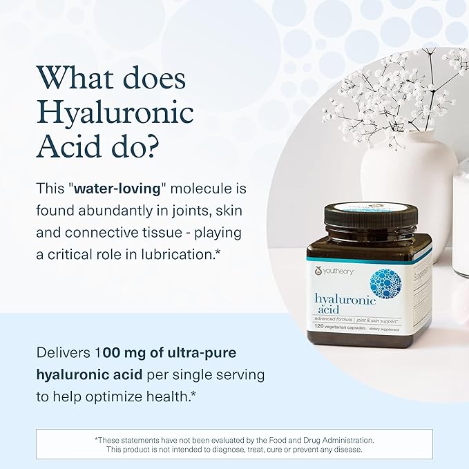 Youtheory Hyaluronic Acid Advanced Formula - Joint Support Supplement with Boswellia Extract* - Skin Health Supplement - Dairy Soy &amp Gluten Free - 120 Vegetarian Capsules