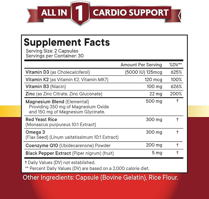 NEW AGE COQ10 200mg Red Yeast Rice Omega 3 Magnesium Complex Zinc Vitamin K2 D3 - Heart Health Support Vitamins for Women and Men with Vitamin B3 Coenzyme Q10-60 Count