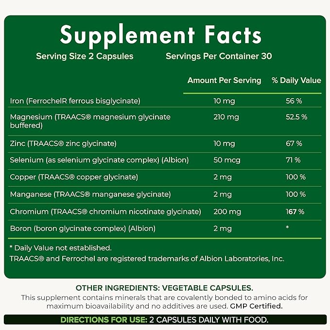 Ultimate Mineral Supplement – Chelated Magnesium Zinc Iron Selenium Chromium &amp Boron (TRAACS®) – High-Absorption Multimineral for Energy &amp Immune Support – 60 Vegan Capsules