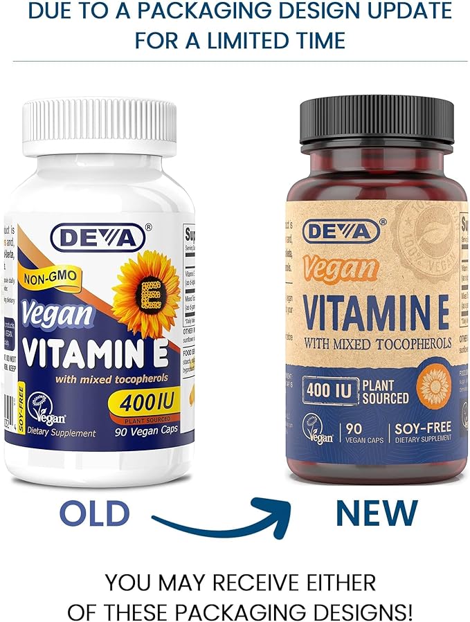 DEVA Vegan Natural Source Vitamin E 400IU with Mixed tocopherols Soy-Free – 90 Veg Caps (Pack of 2)